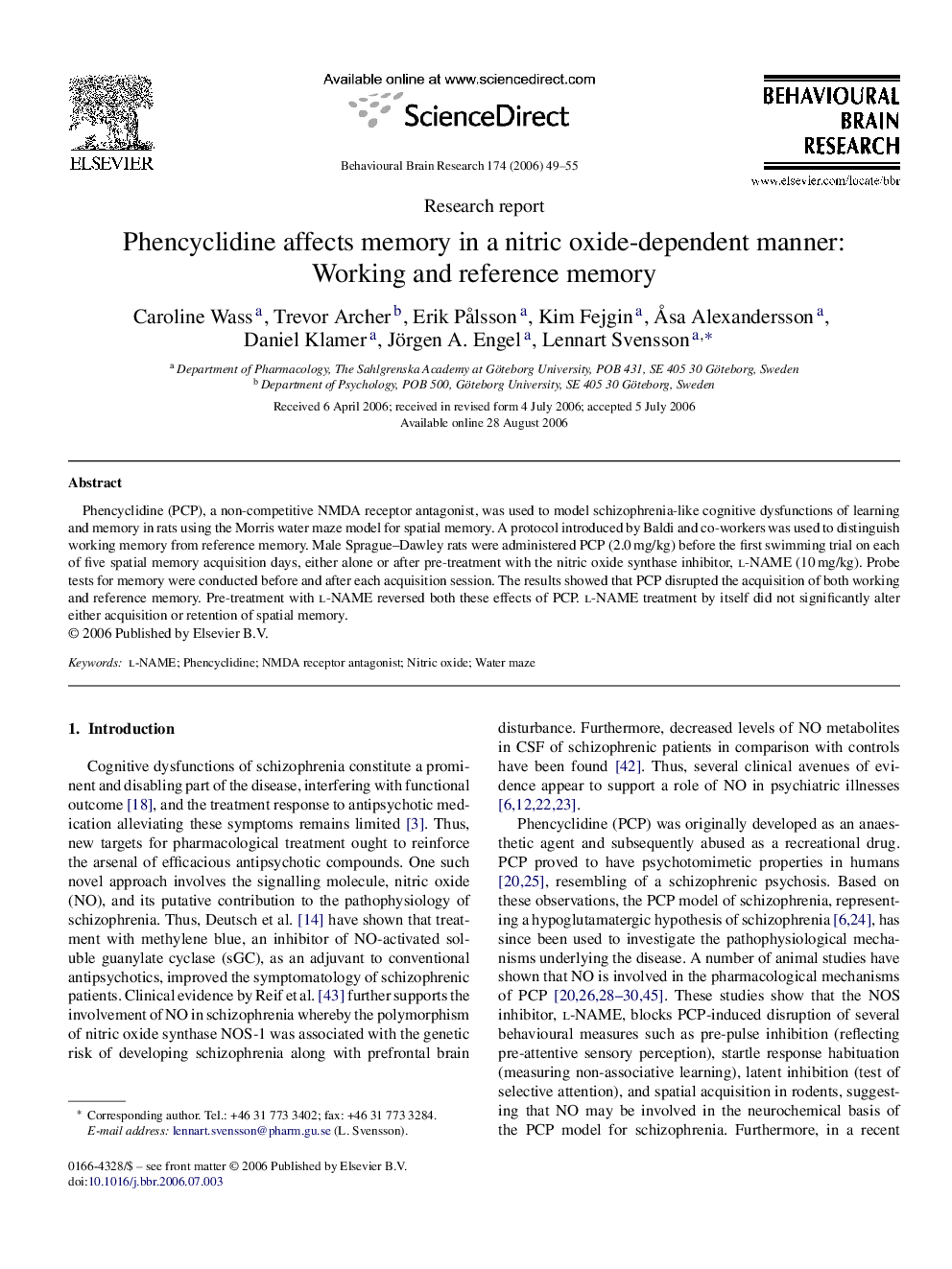 Phencyclidine affects memory in a nitric oxide-dependent manner: Working and reference memory