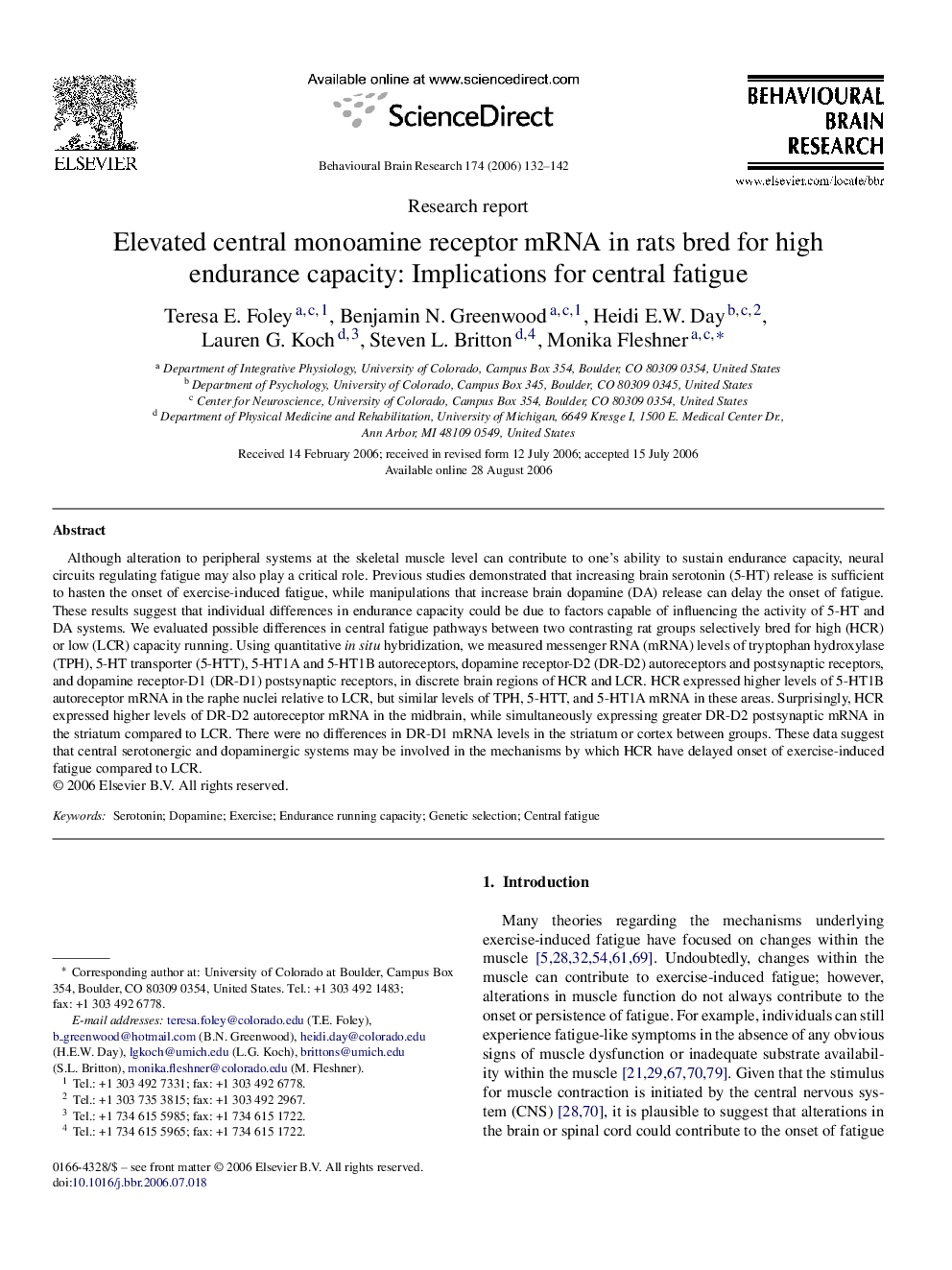 Elevated central monoamine receptor mRNA in rats bred for high endurance capacity: Implications for central fatigue