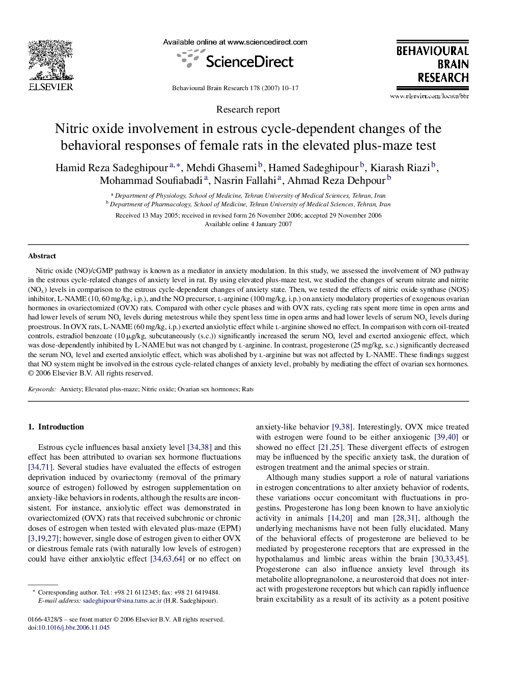 Nitric oxide involvement in estrous cycle-dependent changes of the behavioral responses of female rats in the elevated plus-maze test