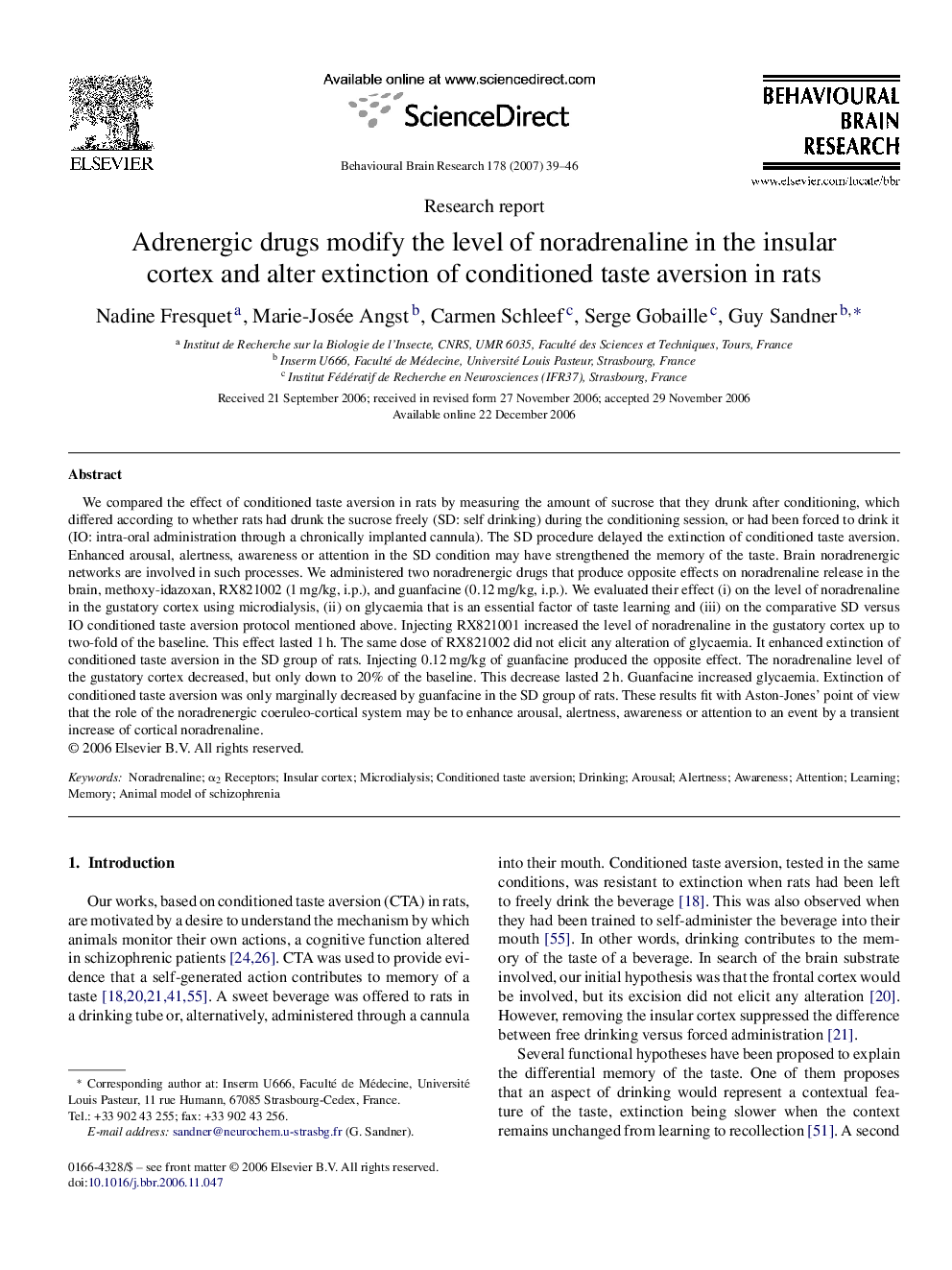 Adrenergic drugs modify the level of noradrenaline in the insular cortex and alter extinction of conditioned taste aversion in rats