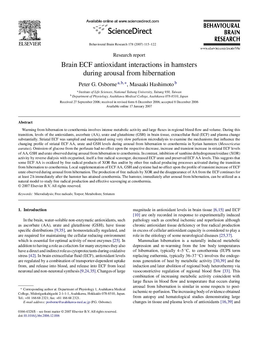 Brain ECF antioxidant interactions in hamsters during arousal from hibernation