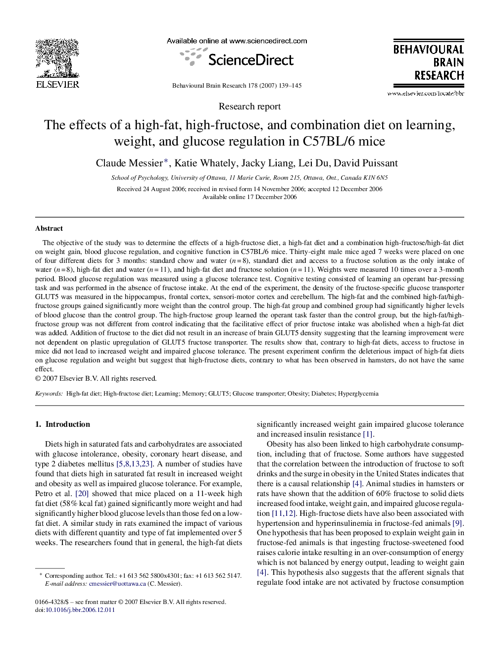 The effects of a high-fat, high-fructose, and combination diet on learning, weight, and glucose regulation in C57BL/6 mice