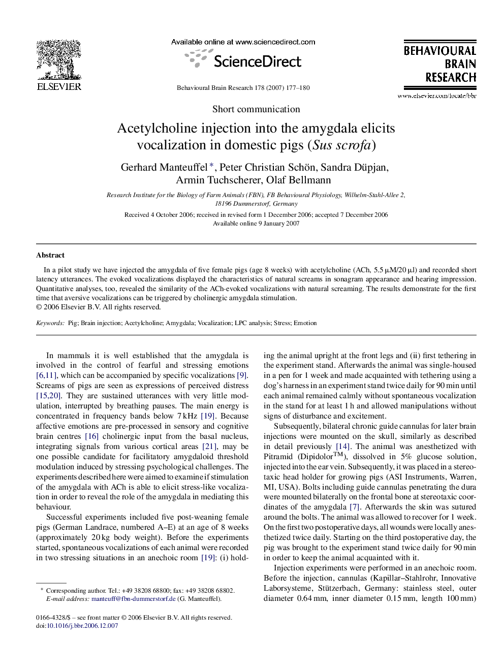 Acetylcholine injection into the amygdala elicits vocalization in domestic pigs (Sus scrofa)