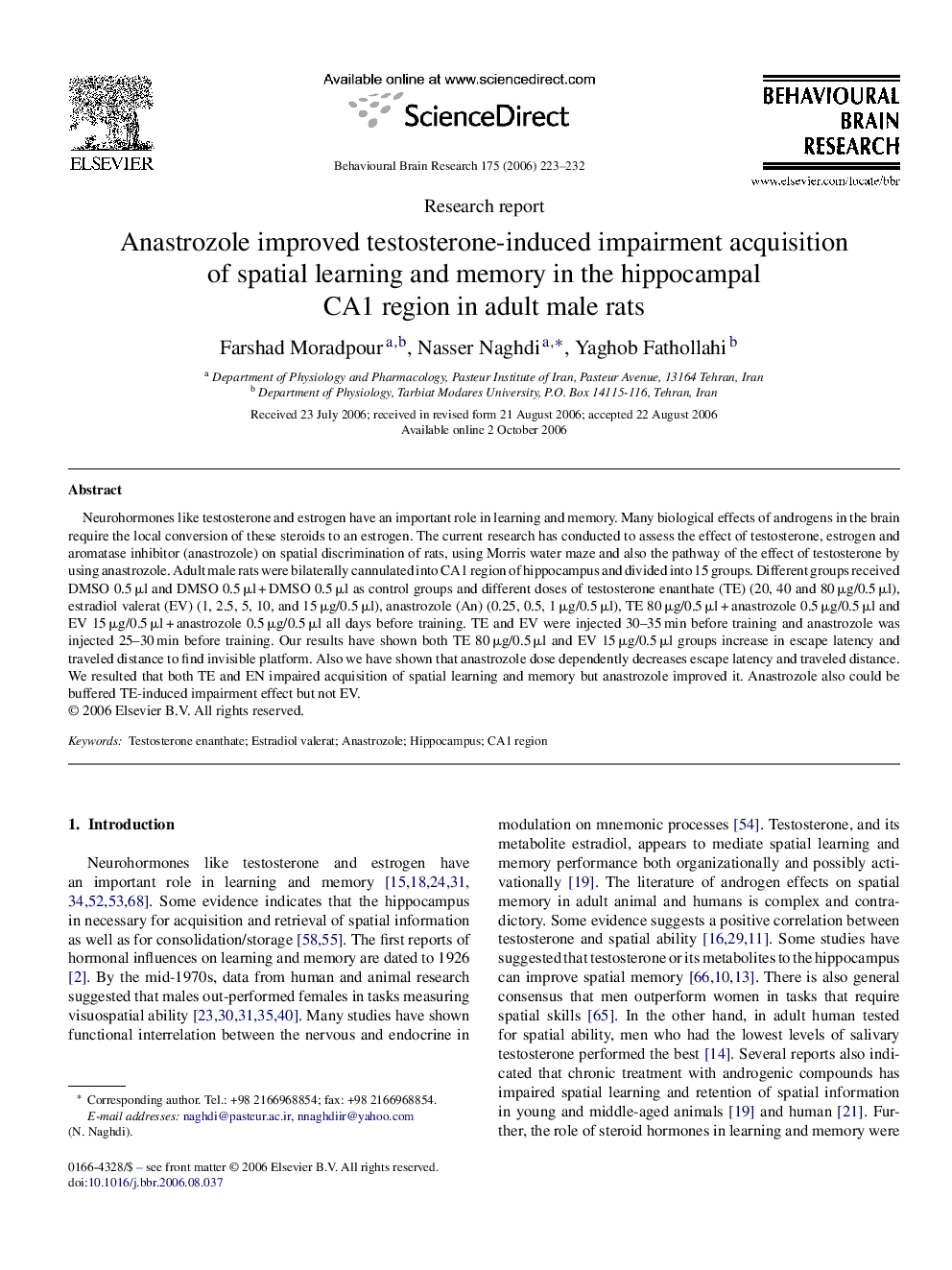 Anastrozole improved testosterone-induced impairment acquisition of spatial learning and memory in the hippocampal CA1 region in adult male rats