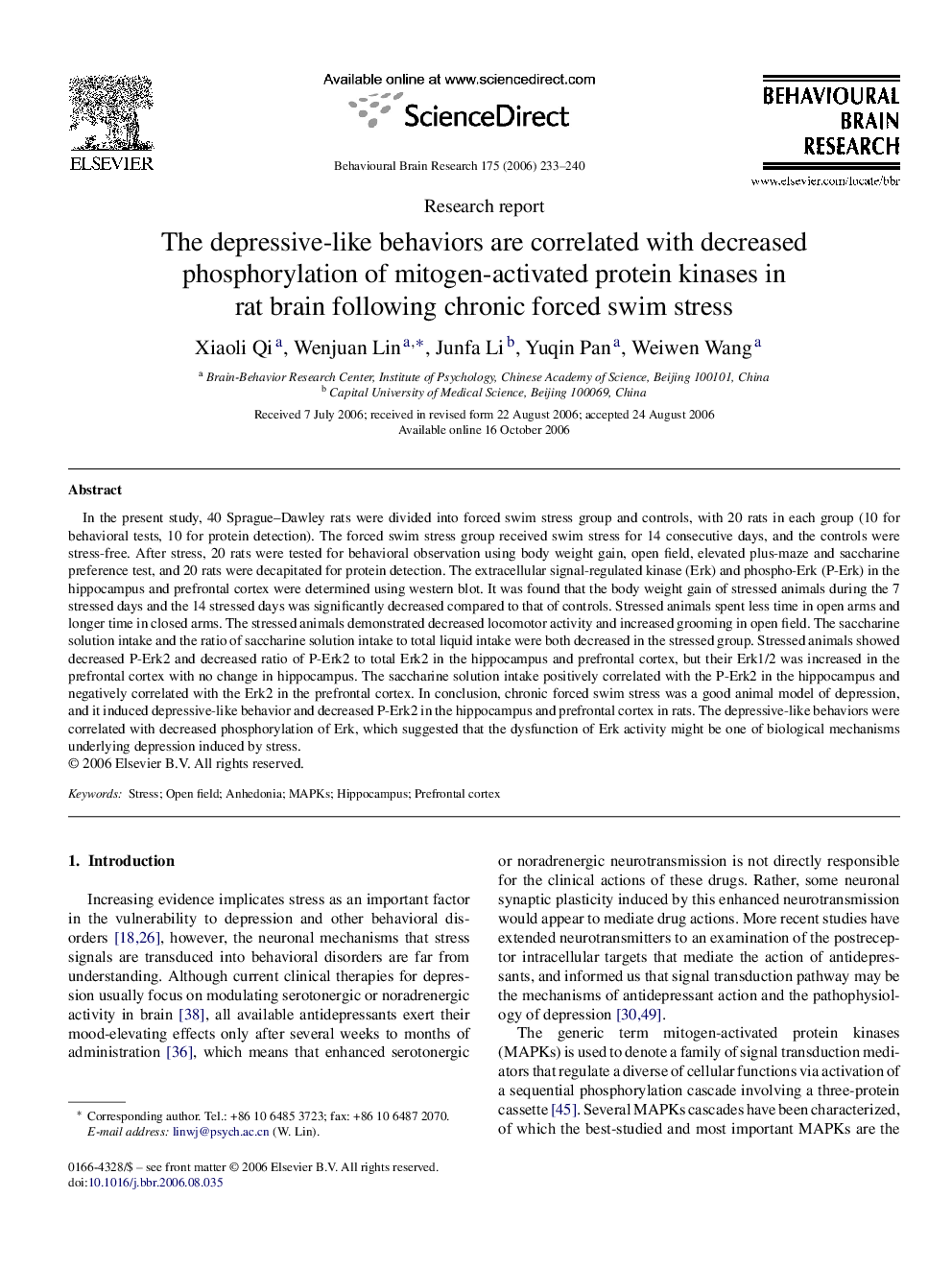 The depressive-like behaviors are correlated with decreased phosphorylation of mitogen-activated protein kinases in rat brain following chronic forced swim stress