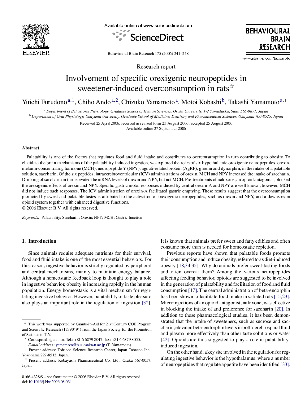 Involvement of specific orexigenic neuropeptides in sweetener-induced overconsumption in rats 