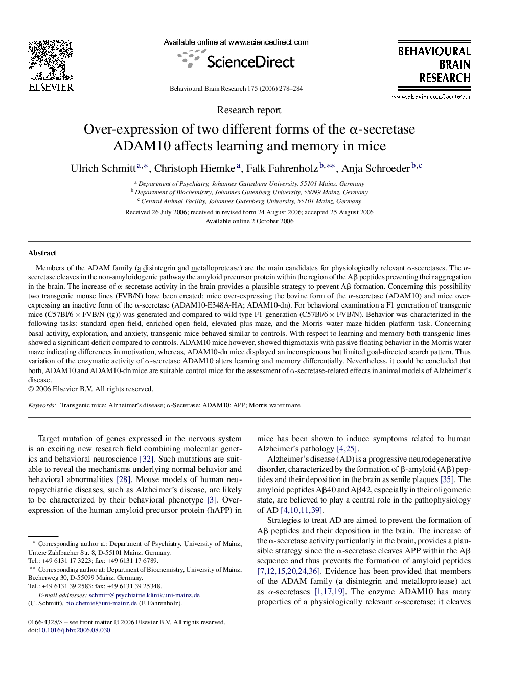 Over-expression of two different forms of the α-secretase ADAM10 affects learning and memory in mice