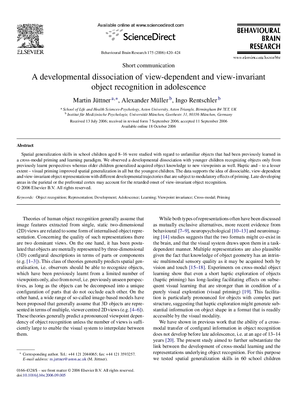 A developmental dissociation of view-dependent and view-invariant object recognition in adolescence