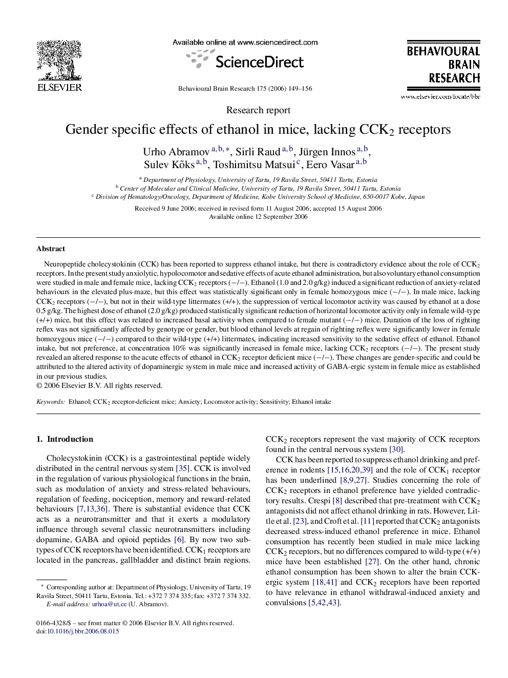 Gender specific effects of ethanol in mice, lacking CCK2 receptors