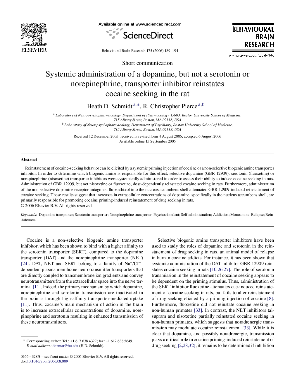 Systemic administration of a dopamine, but not a serotonin or norepinephrine, transporter inhibitor reinstates cocaine seeking in the rat