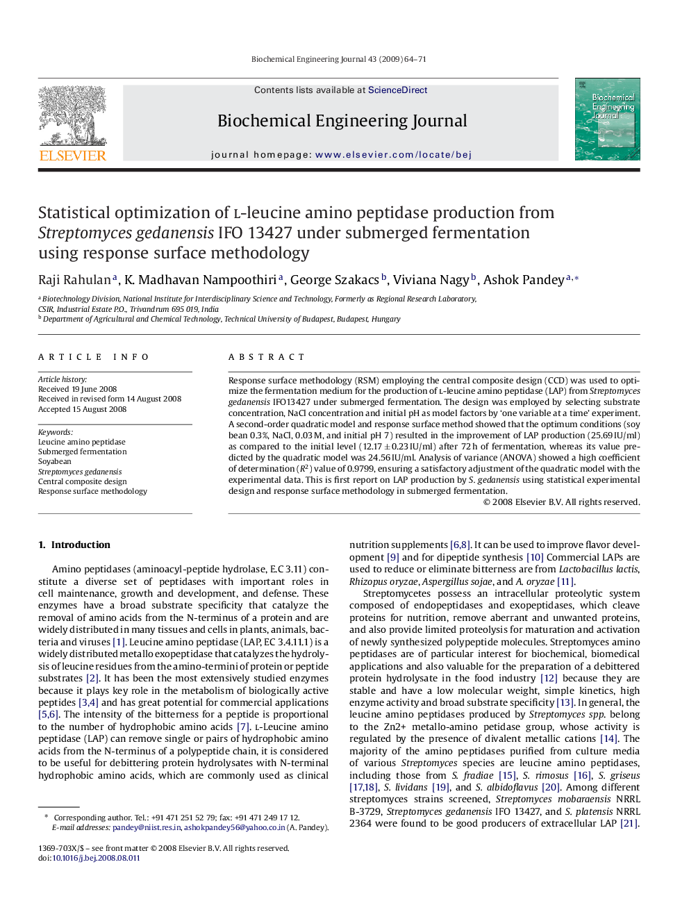 Statistical optimization of l-leucine amino peptidase production from Streptomyces gedanensis IFO 13427 under submerged fermentation using response surface methodology