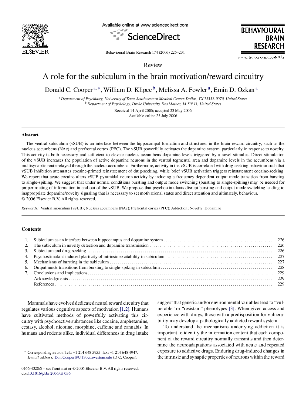 A role for the subiculum in the brain motivation/reward circuitry