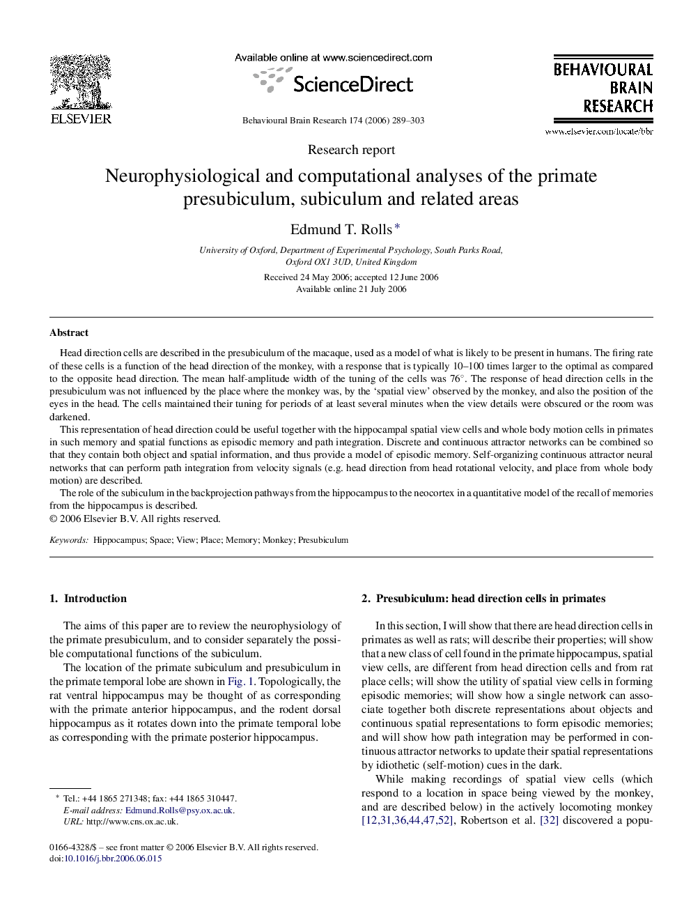 Neurophysiological and computational analyses of the primate presubiculum, subiculum and related areas