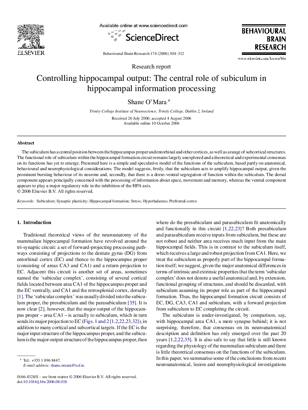 Controlling hippocampal output: The central role of subiculum in hippocampal information processing