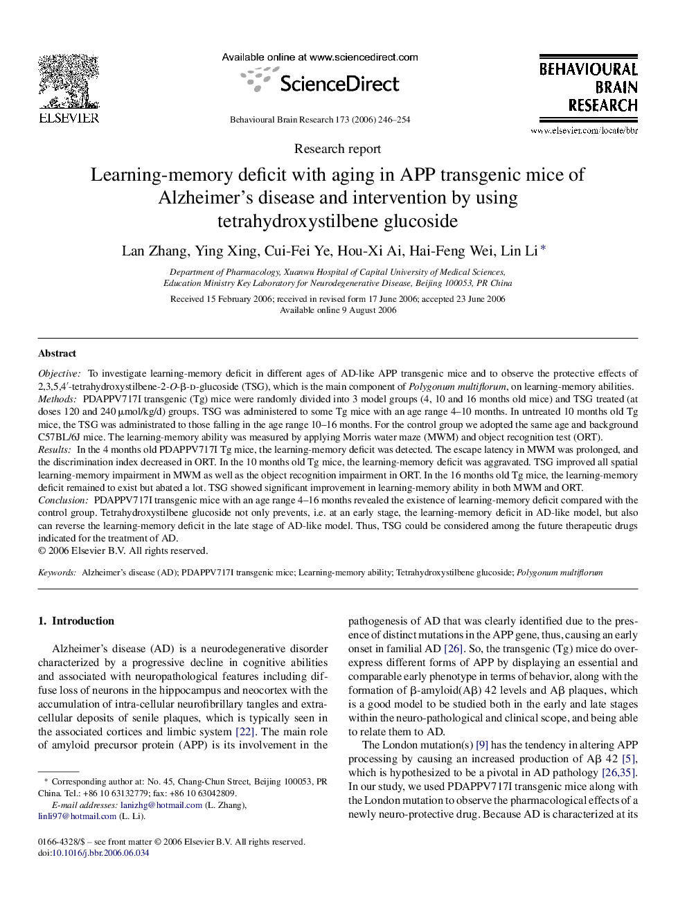 Learning-memory deficit with aging in APP transgenic mice of Alzheimer's disease and intervention by using tetrahydroxystilbene glucoside