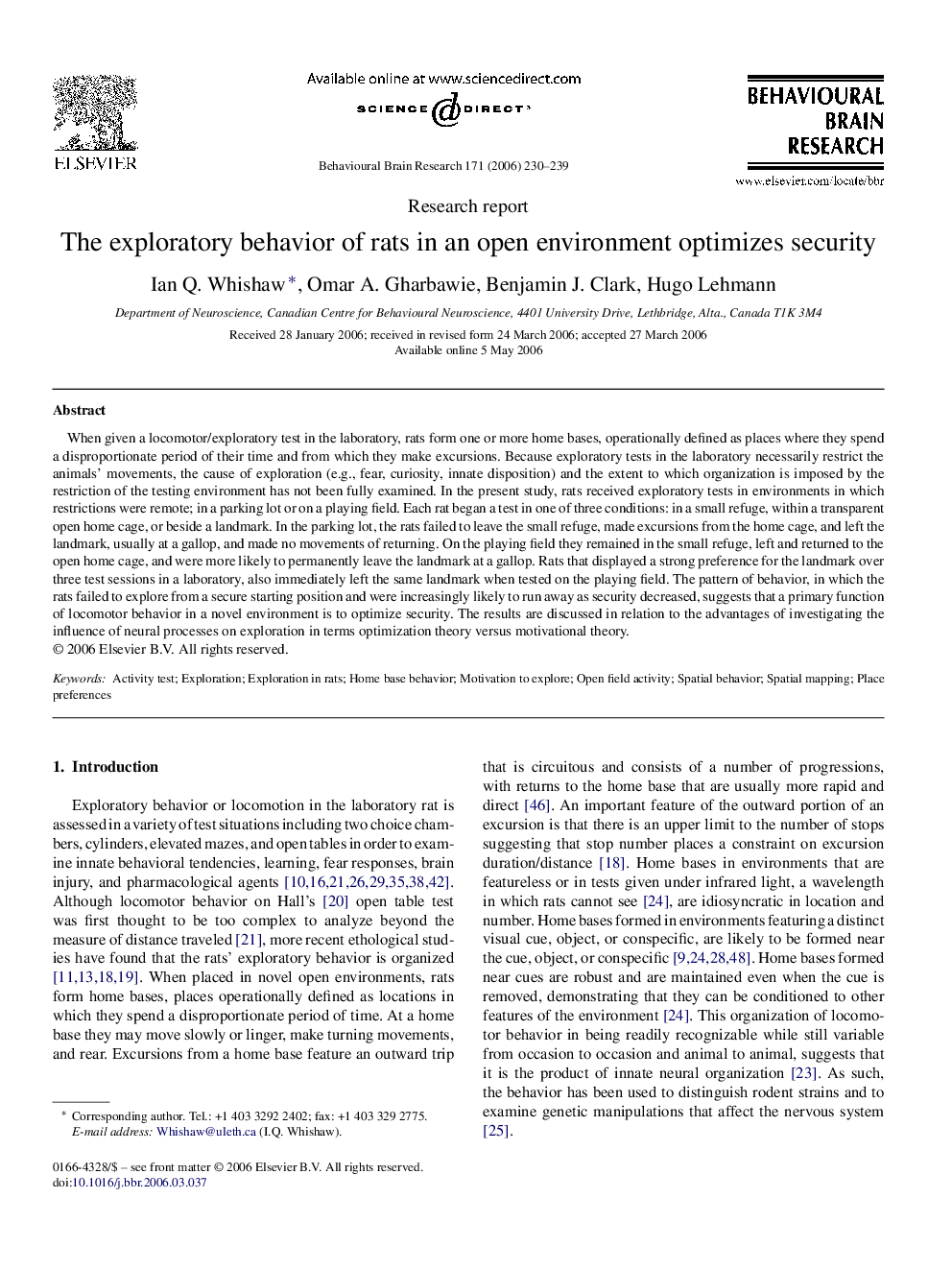 The exploratory behavior of rats in an open environment optimizes security