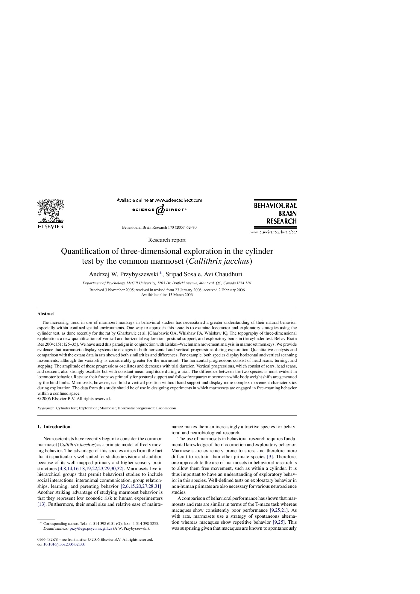 Quantification of three-dimensional exploration in the cylinder test by the common marmoset (Callithrix jacchus)