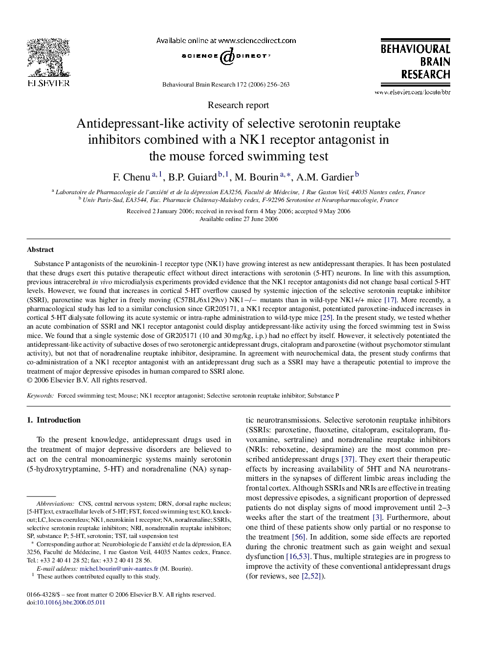 Antidepressant-like activity of selective serotonin reuptake inhibitors combined with a NK1 receptor antagonist in the mouse forced swimming test