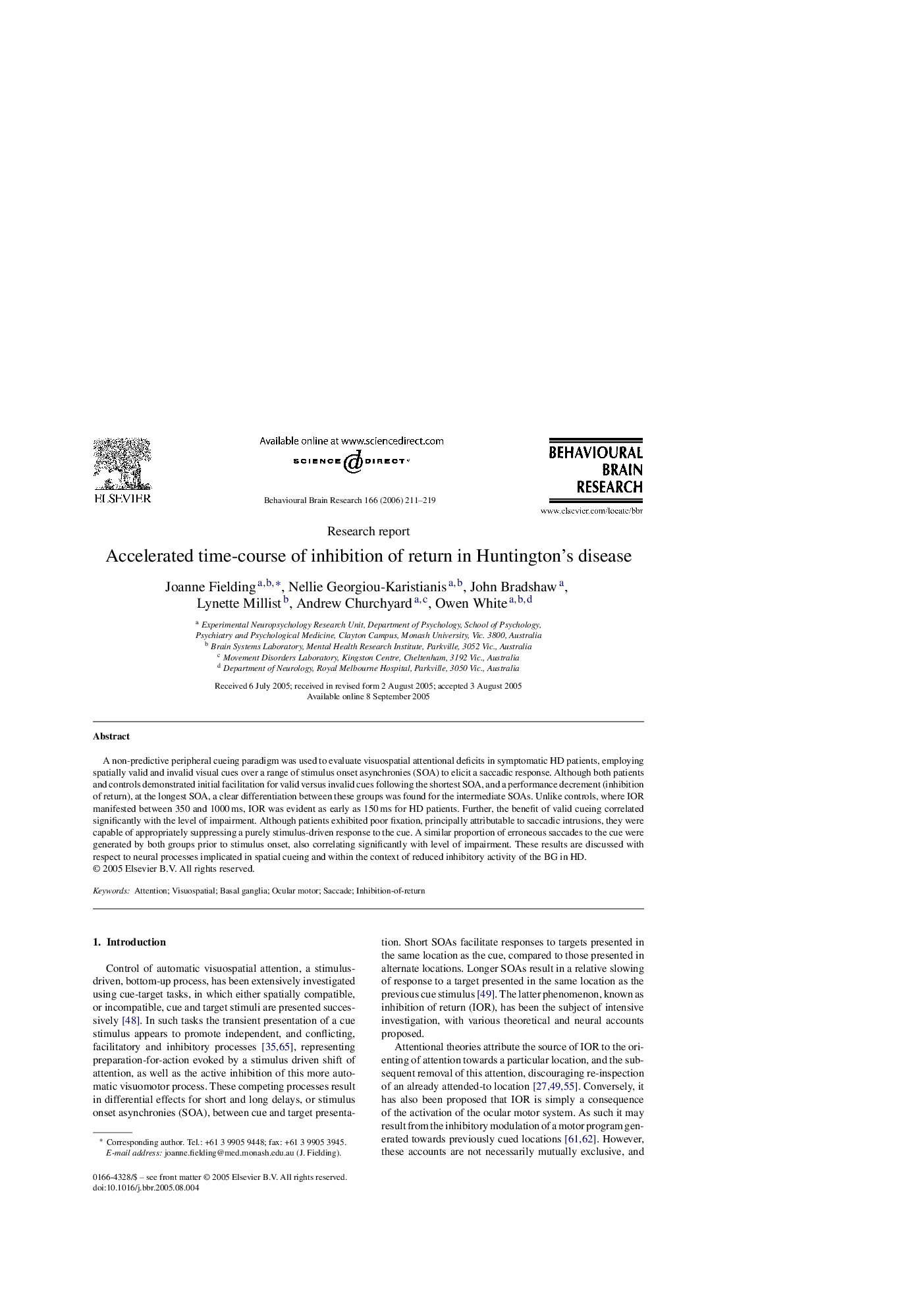 Accelerated time-course of inhibition of return in Huntington's disease