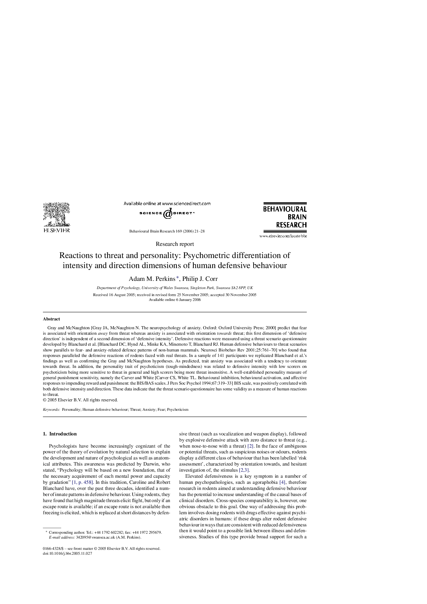 Reactions to threat and personality: Psychometric differentiation of intensity and direction dimensions of human defensive behaviour