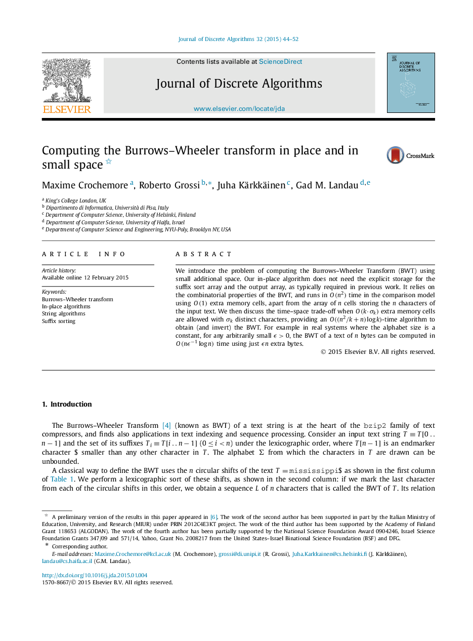 Computing the Burrows–Wheeler transform in place and in small space 