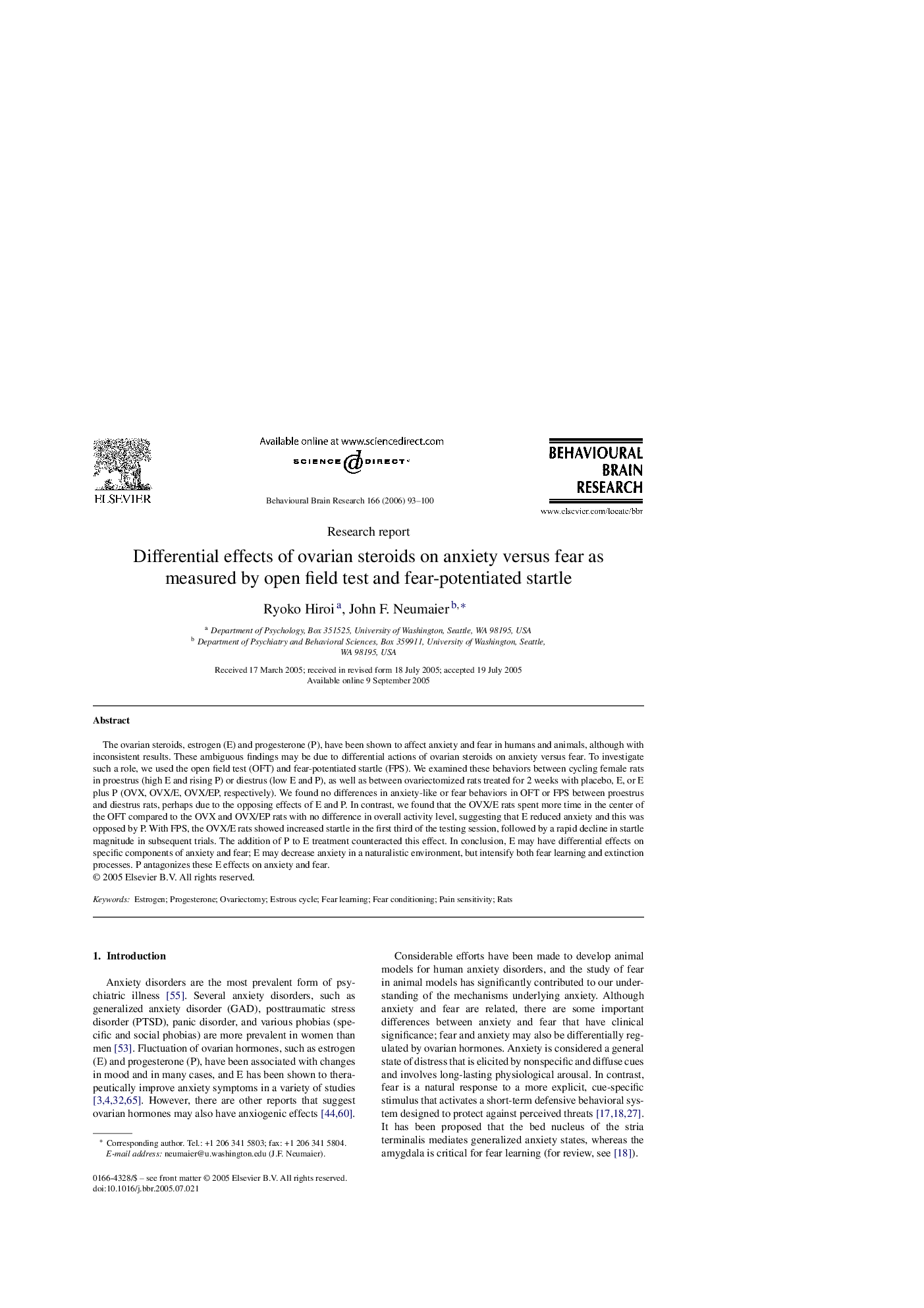 Differential effects of ovarian steroids on anxiety versus fear as measured by open field test and fear-potentiated startle