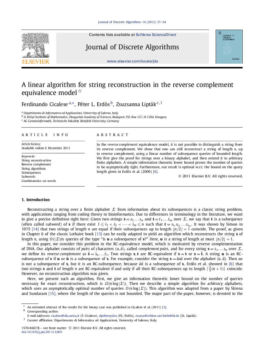 A linear algorithm for string reconstruction in the reverse complement equivalence model 