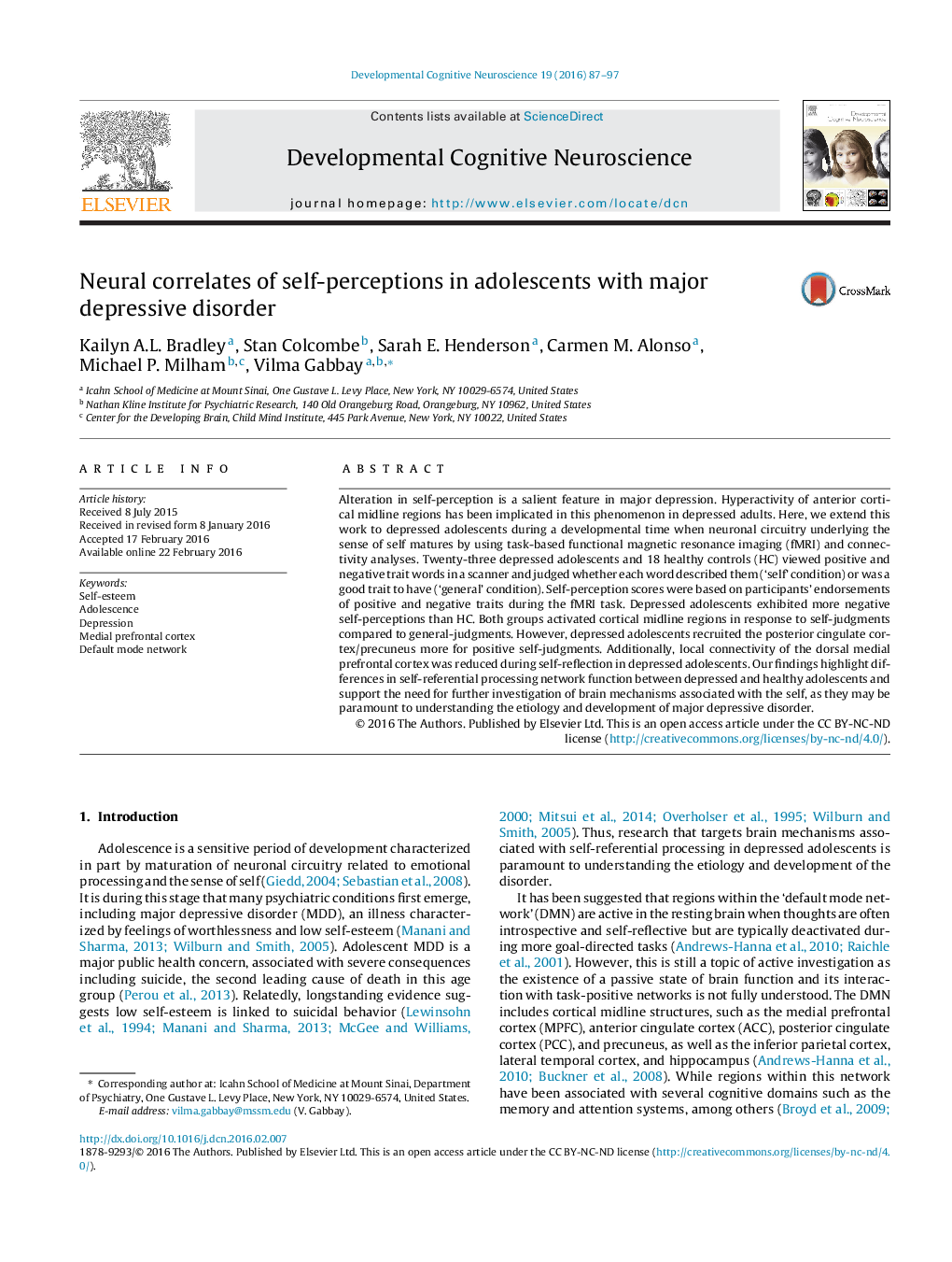 Neural correlates of self-perceptions in adolescents with major depressive disorder