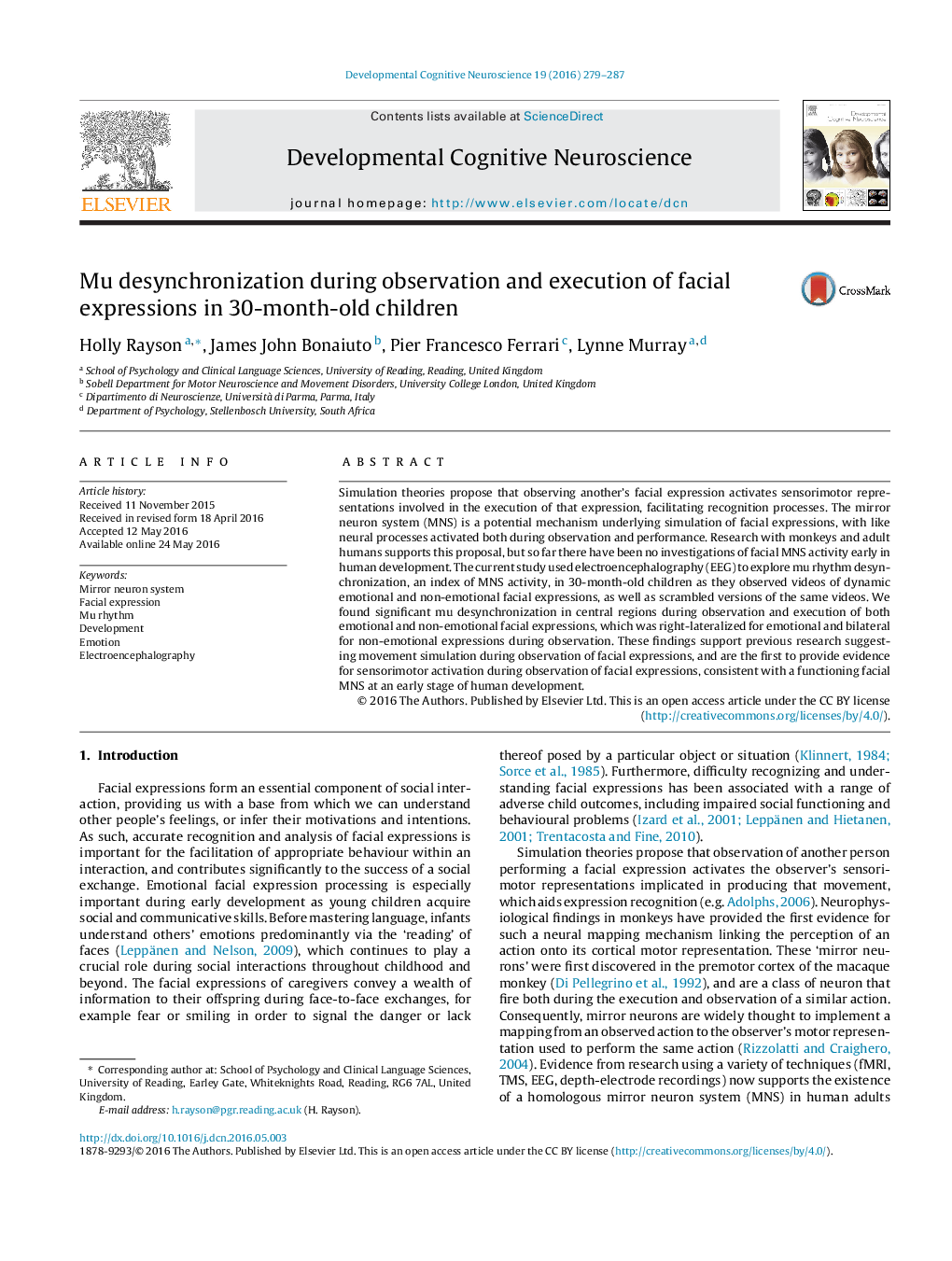 Mu desynchronization during observation and execution of facial expressions in 30-month-old children