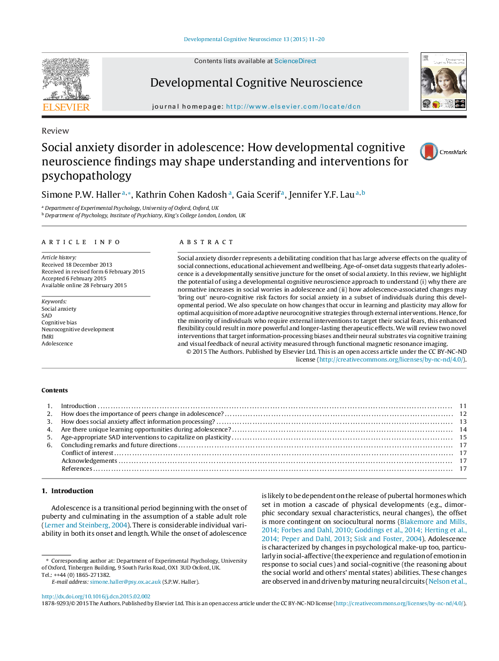 Social anxiety disorder in adolescence: How developmental cognitive neuroscience findings may shape understanding and interventions for psychopathology 