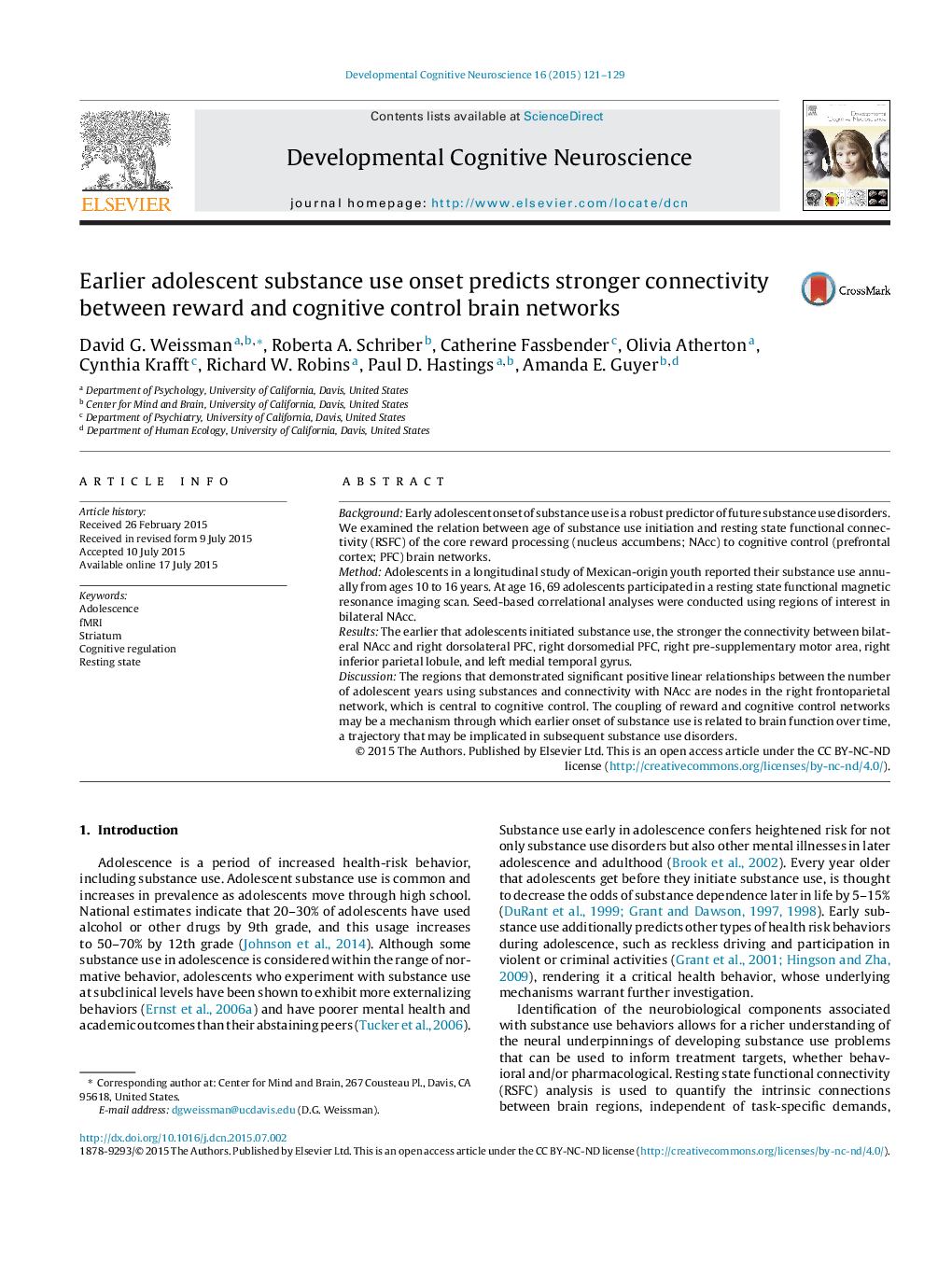 Earlier adolescent substance use onset predicts stronger connectivity between reward and cognitive control brain networks