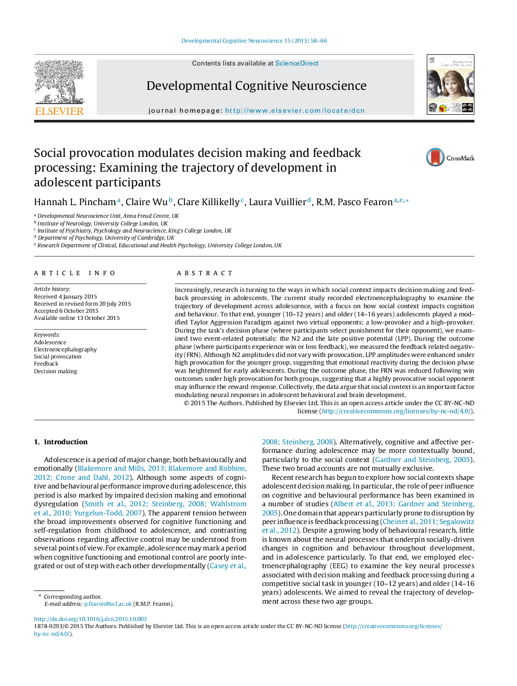 Social provocation modulates decision making and feedback processing: Examining the trajectory of development in adolescent participants