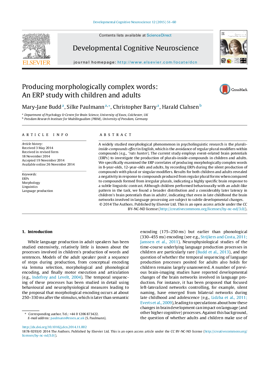 عکس صفحه اول مقاله: Producing morphologically complex words: An ERP study with children and adults Producing morphologically complex words: An ERP study with children and adults