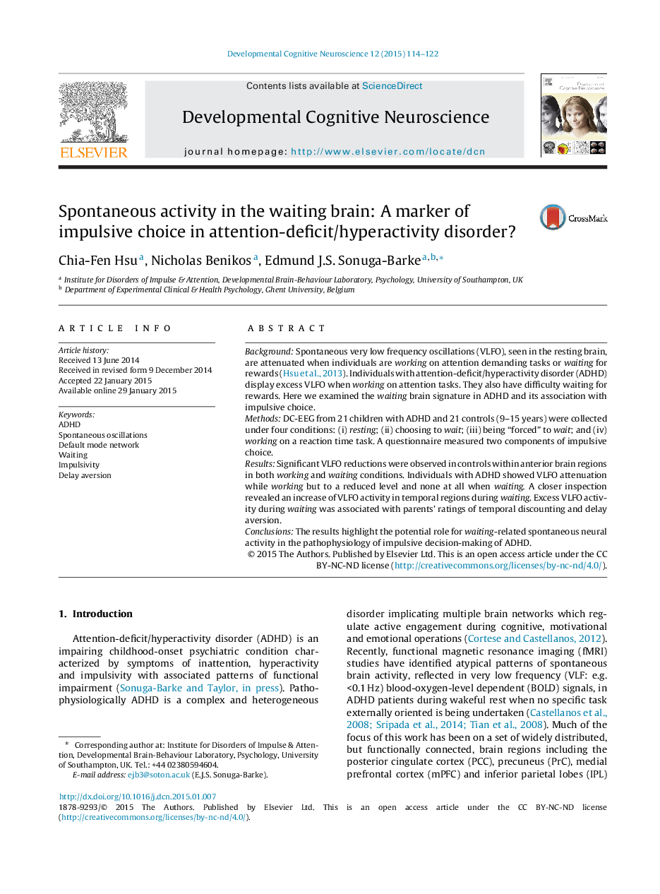 Spontaneous activity in the waiting brain: A marker of impulsive choice in attention-deficit/hyperactivity disorder? 