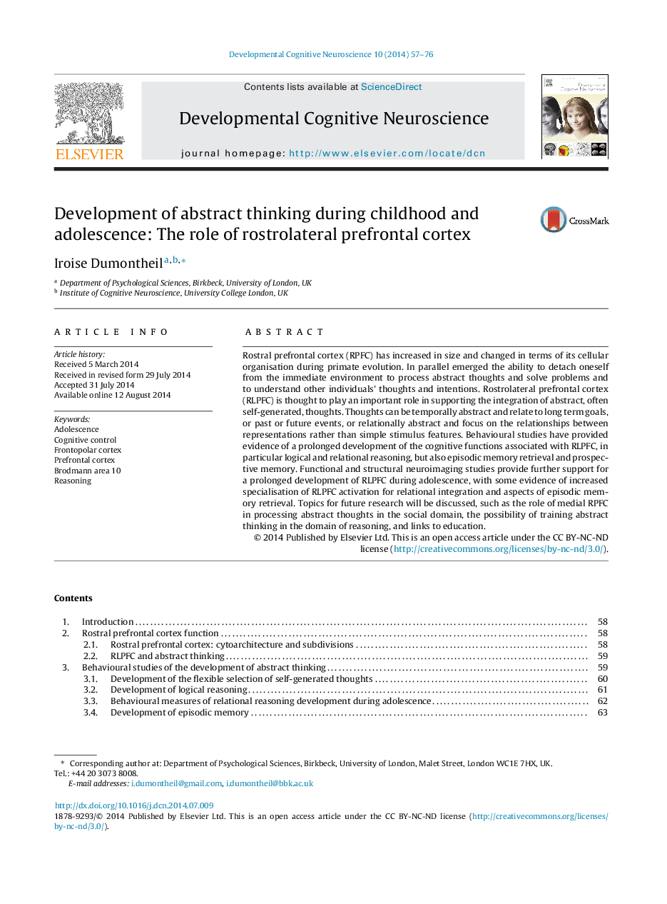 Development of abstract thinking during childhood and adolescence: The role of rostrolateral prefrontal cortex 