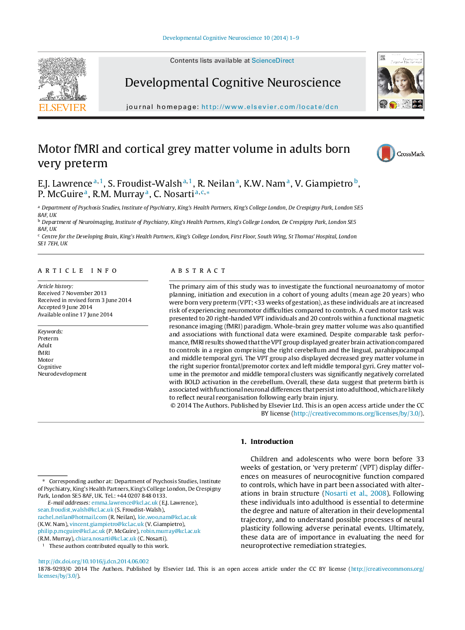 Motor fMRI and cortical grey matter volume in adults born very preterm 