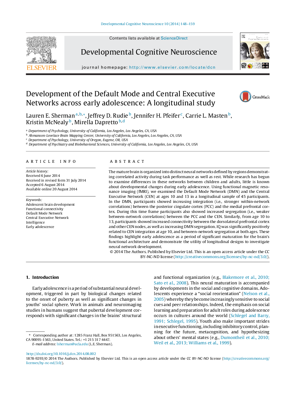 Development of the Default Mode and Central Executive Networks across early adolescence: A longitudinal study 