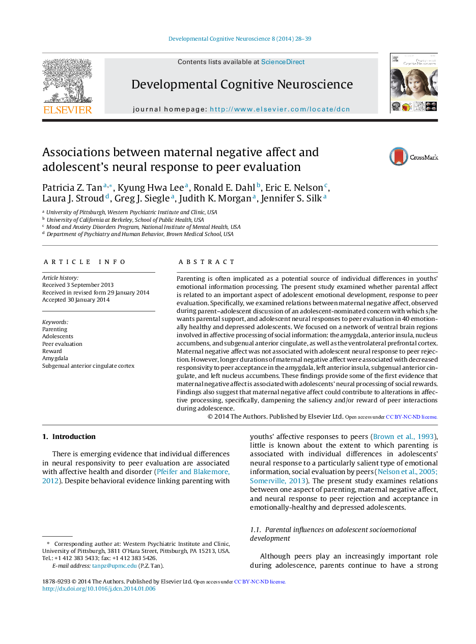 Associations between maternal negative affect and adolescent's neural response to peer evaluation