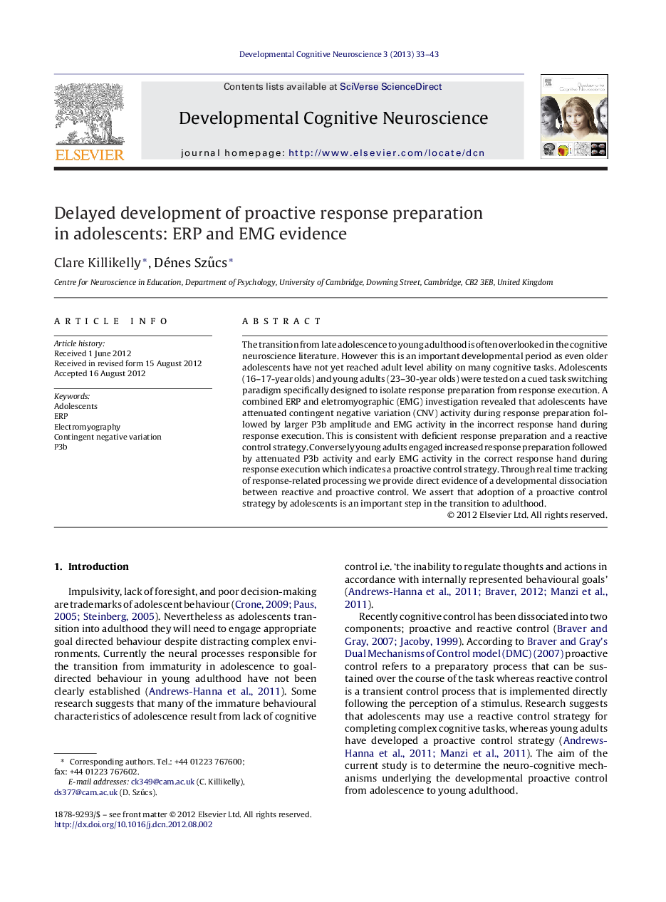 Delayed development of proactive response preparation in adolescents: ERP and EMG evidence