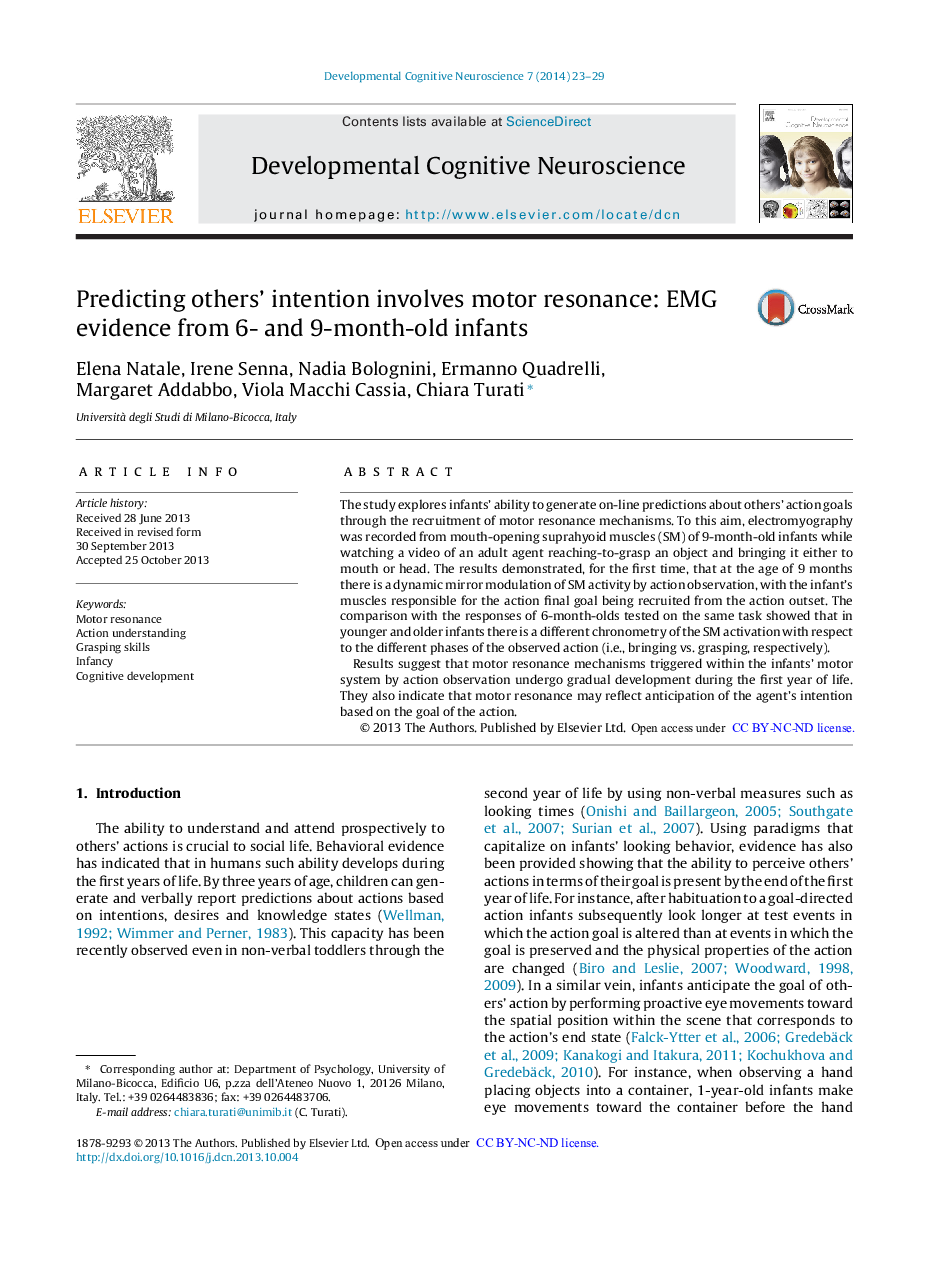 Predicting others’ intention involves motor resonance: EMG evidence from 6- and 9-month-old infants