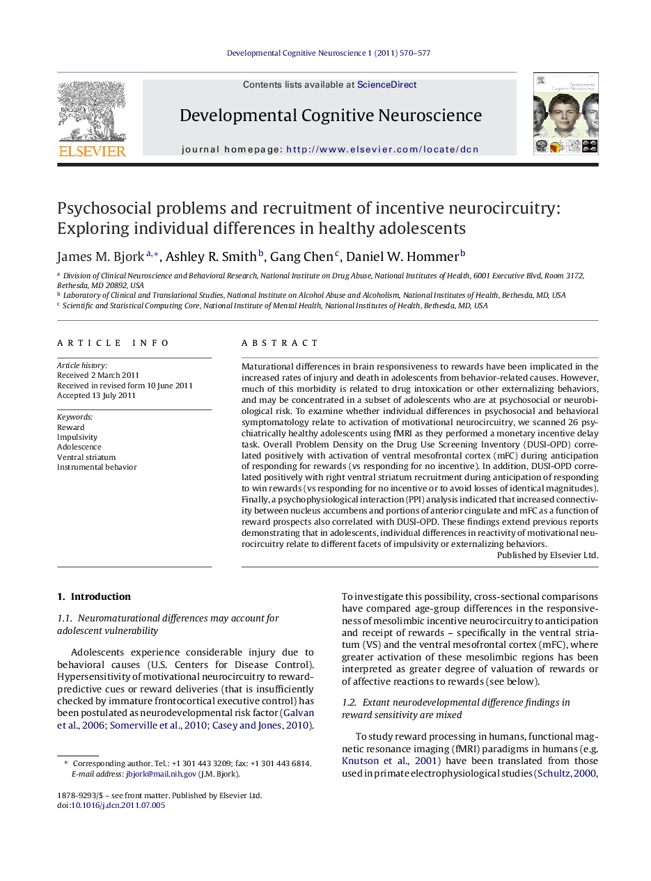 Psychosocial problems and recruitment of incentive neurocircuitry: Exploring individual differences in healthy adolescents