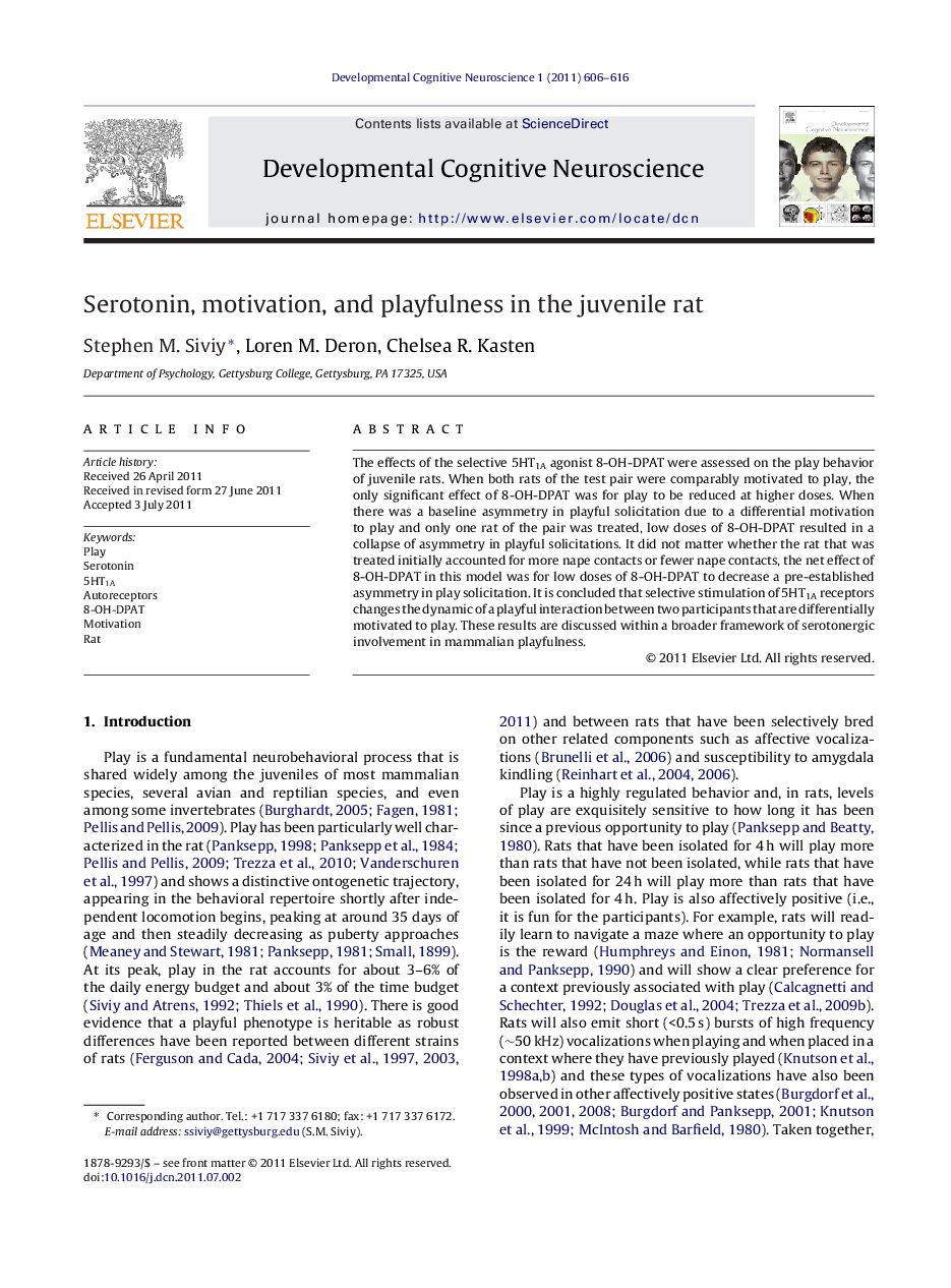 عکس صفحه اول مقاله: Serotonin, motivation, and playfulness in the juvenile rat Serotonin, motivation, and playfulness in the juvenile rat