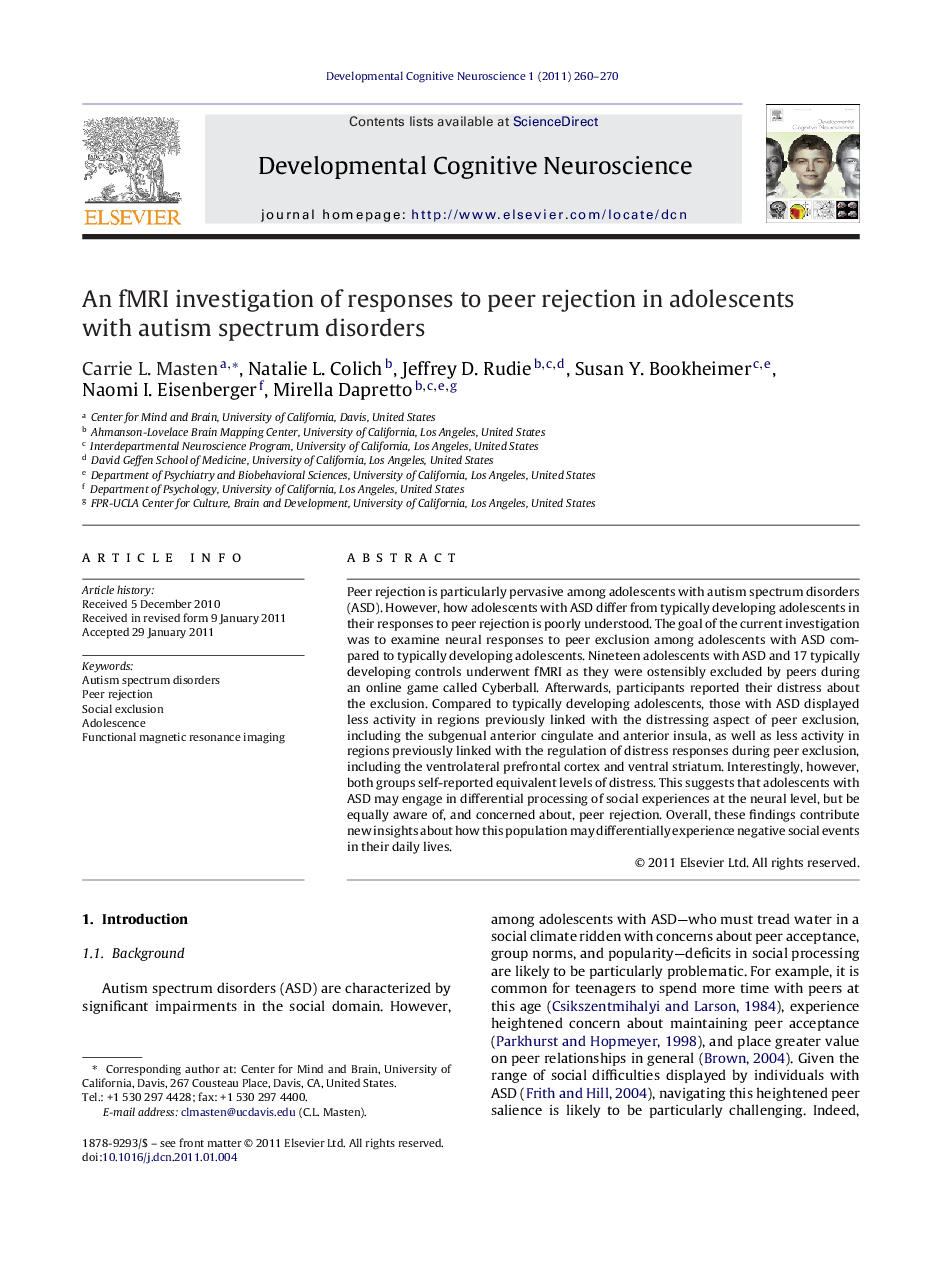 An fMRI investigation of responses to peer rejection in adolescents with autism spectrum disorders