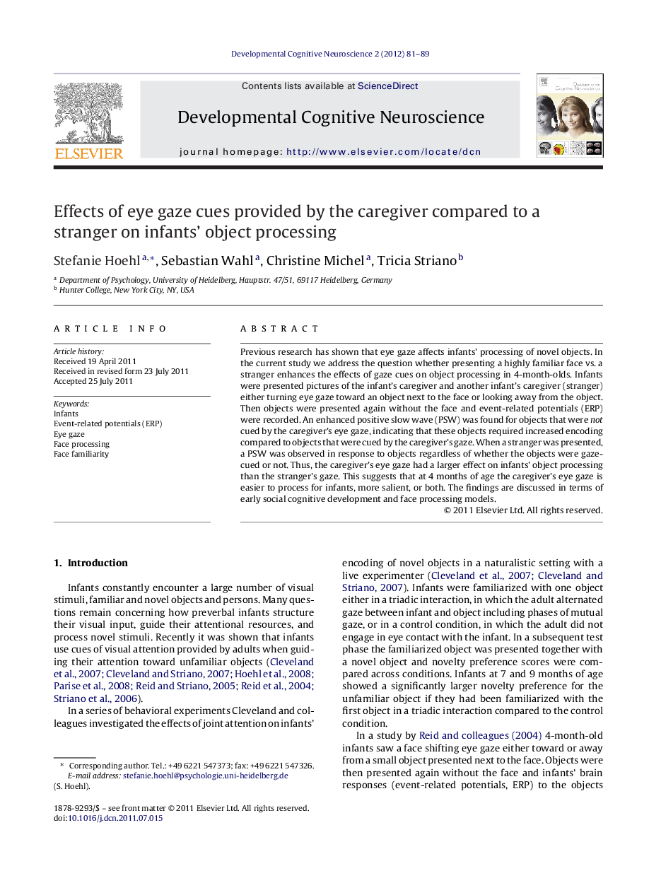 Effects of eye gaze cues provided by the caregiver compared to a stranger on infants’ object processing