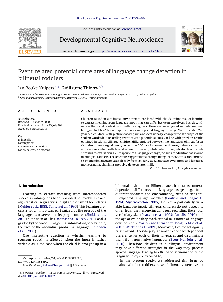 Event-related potential correlates of language change detection in bilingual toddlers