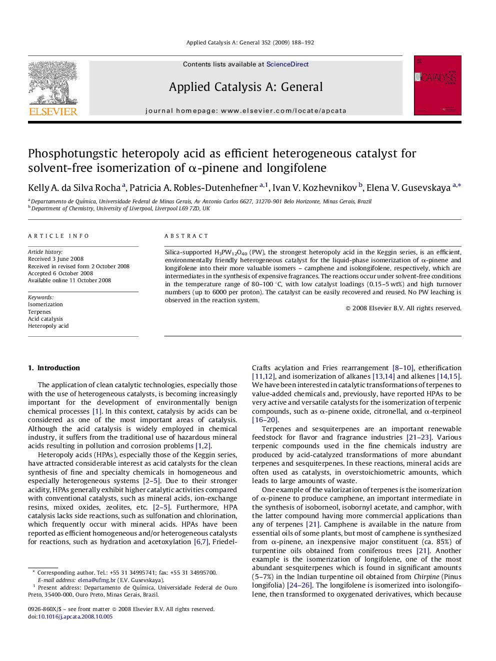 Phosphotungstic heteropoly acid as efficient heterogeneous catalyst for solvent-free isomerization of α-pinene and longifolene