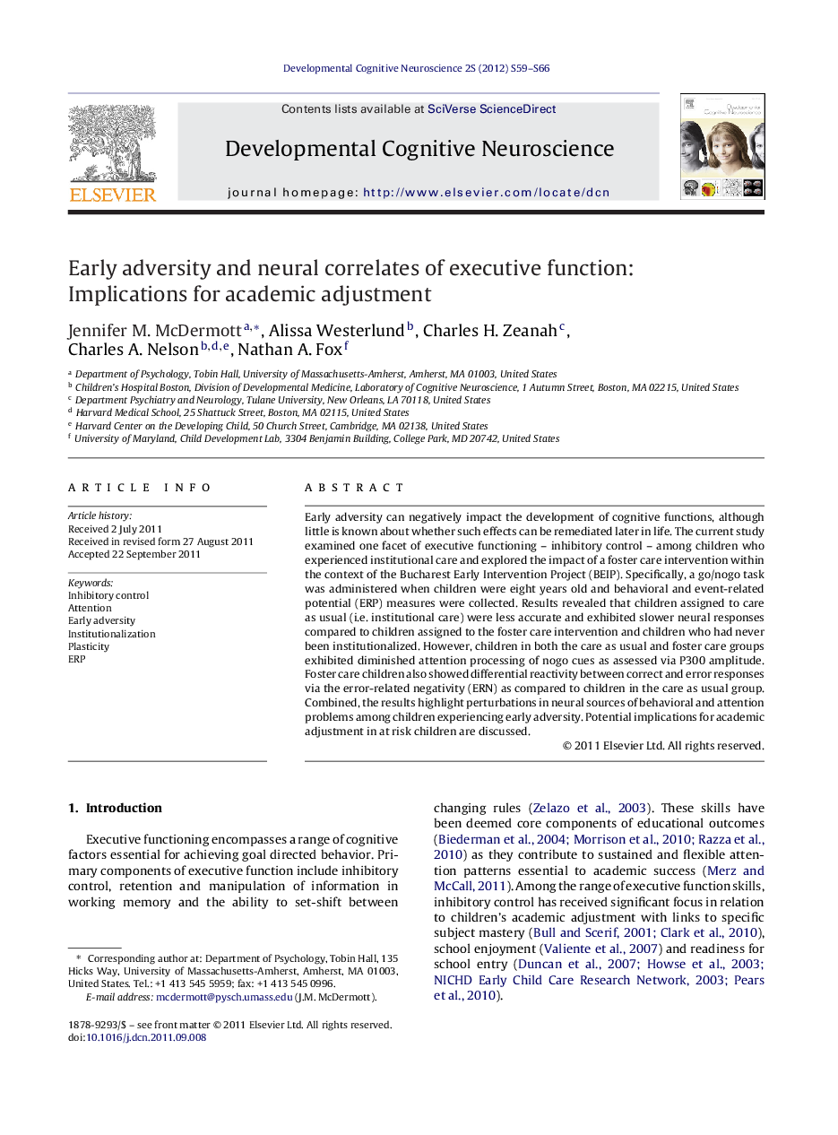 Early adversity and neural correlates of executive function: Implications for academic adjustment