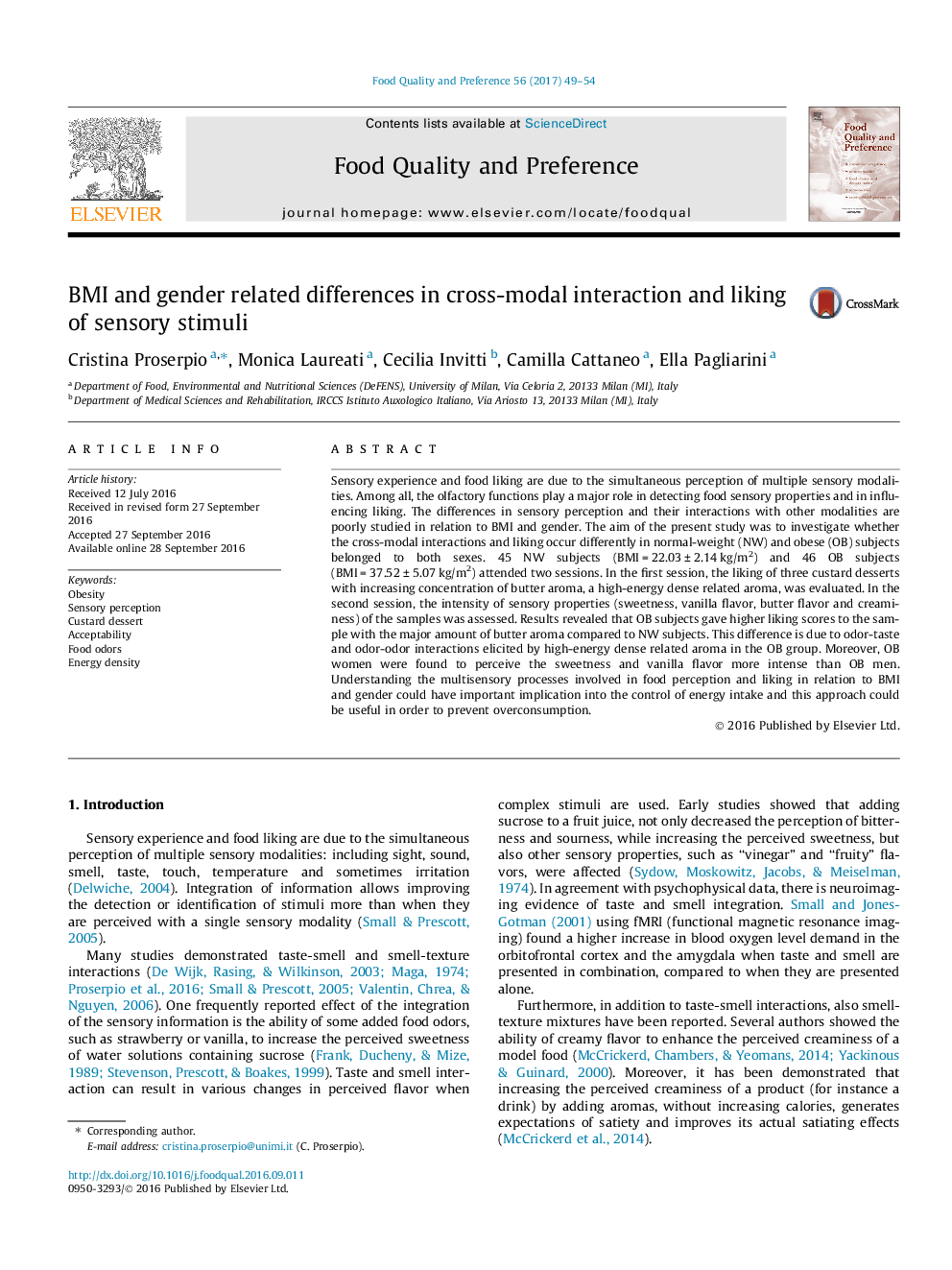 BMI and gender related differences in cross-modal interaction and liking of sensory stimuli