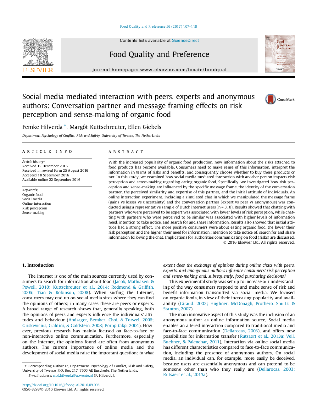 Social media mediated interaction with peers, experts and anonymous authors: Conversation partner and message framing effects on risk perception and sense-making of organic food