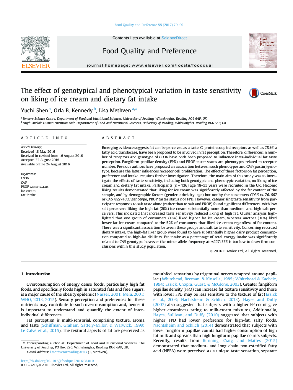 The effect of genotypical and phenotypical variation in taste sensitivity on liking of ice cream and dietary fat intake